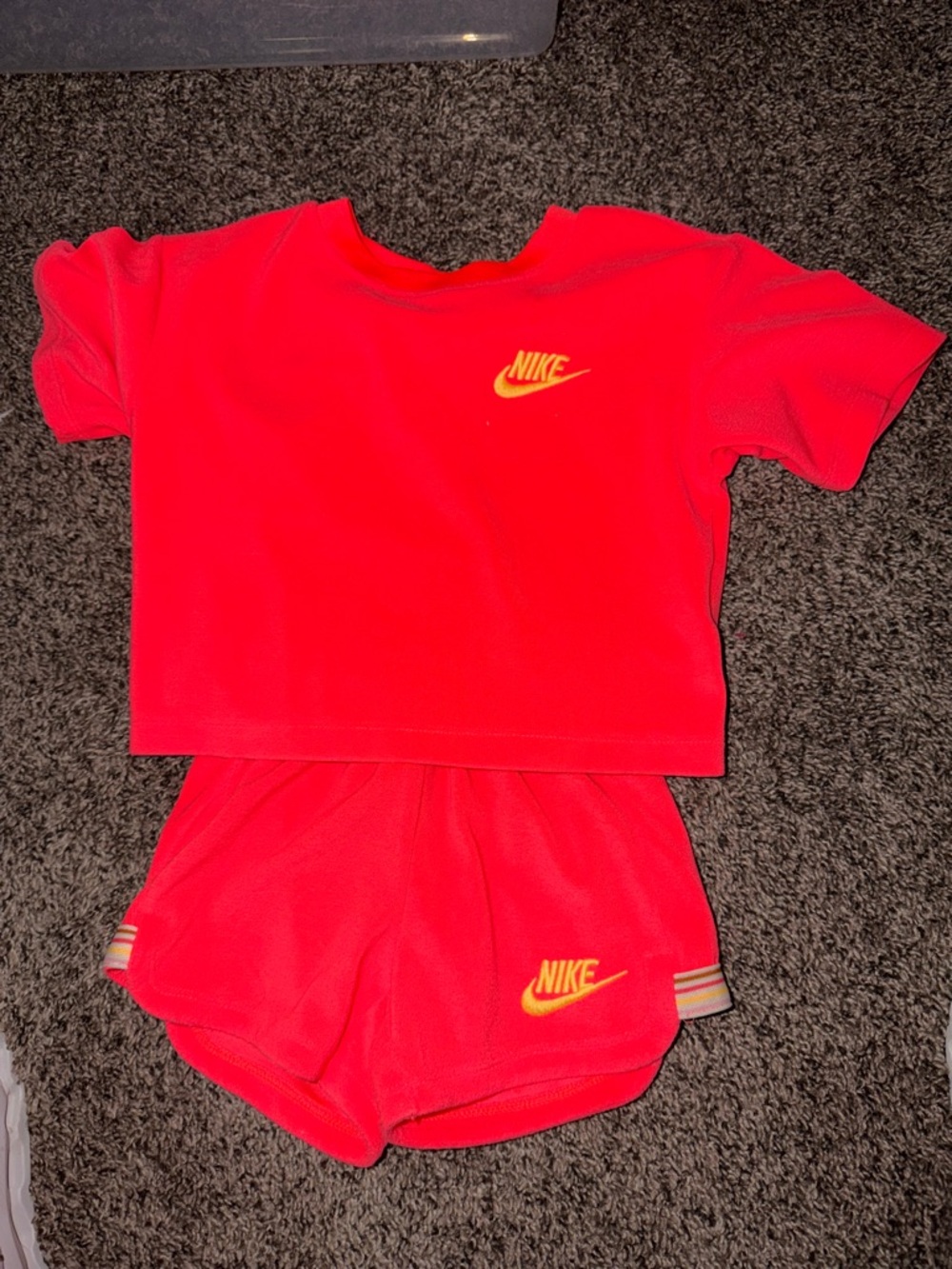 Nike Bright Red Crop Top and Shorts Set with Yellow Logo